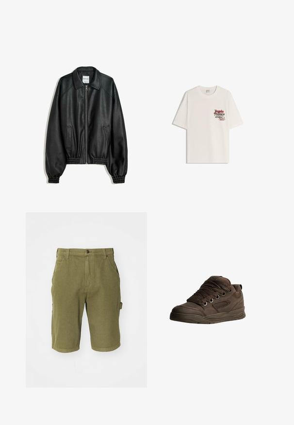 Črna usnjena jakna z zadrgo na sprednjem delu, stranskimi žepi in nabranimi manšeti. Ima strukturiran ovratnik in teksturiran zaključek.; Bela bombažna majica s kratkimi rokavi in okroglim izrezom. Ima natisnjen grafični motiv v rdeči in črni barvi na levi strani prsnega predela.; Olivnozeleni bombažni cargo šorti z gumbom za zapiranje, zankami za pas, stranskimi žepi in rahlo teksturiranim zaključkom tkanine.; Rjave športne čevlje, izdelane iz gladkega sintetičnega materiala. Imajo debele vezalke, mrežaste dodatke, podložen ovratnik in strukturo gumijastega podplata.
