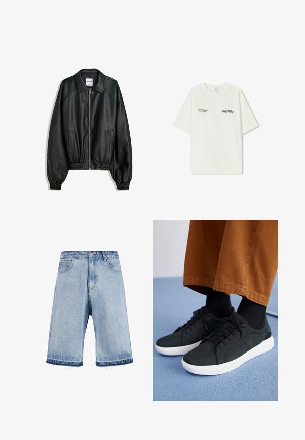 Czarna skórzana kurtka z zamkiem z przodu, kieszeniami po bokach i marszczonymi mankietami. Posiada usztywniony kołnierz i teksturowane wykończenie.; Biała bawełniana koszulka z krótkim rękawem. Z przodu znajduje się czarny napis: „NIE JUTRO, NIE DZIŚ” oraz „SZTUKA RUCHU BRUDU” w zielonym skrypcie.; Jasnoniebieskie szorty dżinsowe z postrzępionym wykończeniem, charakteryzujące się klasycznym pięciopocketowym wzorem i zapinanymi na guzik z przodu. Lekko wypłukany odcień.; Czarne zamszowe trampki z białymi gumowymi podeszwami, z wiązaniem, teksturowanymi akcentami i subtelnym logo, w połączeniu z brązowymi spodniami.