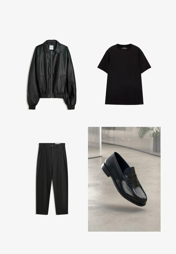 Giacca di pelle nera con zip frontale, tasche laterali e polsini arricciati. Presenta un colletto strutturato e una finitura testurizzata.; PULL&BEAR JOIN LIFE - T-shirt basic - black; Pantaloni in cotone neri con una vestibilità rilassata, dotati di una vita classica, pieghe frontali e tasche laterali. Tessuto liscio senza fantasie.; Mocassini neri in pelle con finitura liscia, punta arrotondata, cuciture decorative e suola leggermente rialzata.