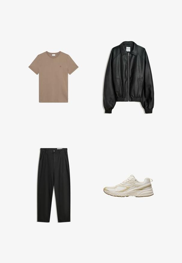 Črna usnjena jakna z zadrgo na sprednjem delu, stranskimi žepi in nabranimi manšeti. Ima strukturiran ovratnik in teksturiran zaključek.; Rjav bombažni t-shirt z okroglim ovratnikom, kratkimi rokavi in majhnim rdečim logotipom "II" na prsih. Preprost dizajn in gladka tekstura.; Črne bombažne hlače s sproščenim krojem, ki vključujejo klasičen pas, sprednje gube in stranske žepke. Gladka tekstura brez vzorcev.; Bele športne čevlje iz mrežastega in sintetičnega materiala, z zaobljenim prstom, oblazinjeno podplatom in bež poudarki na straneh.