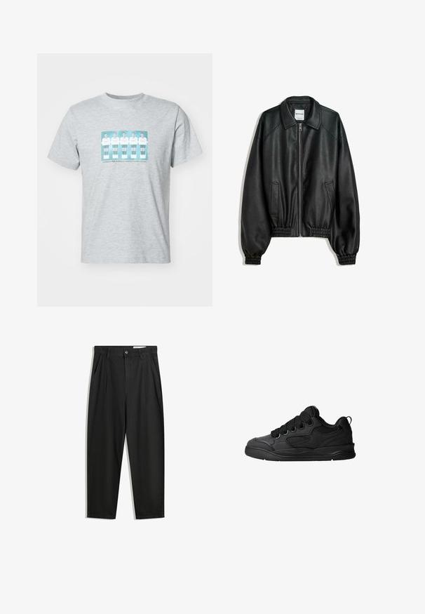 Fekete bőrkabát cipzáros elülső résszel, oldalsó zsebekkel és ráncolt mandzsettákkal. Struktúrált gallérral és texturált felülettel rendelkezik.; Szürke pamut póló, középen öt futballistát ábrázoló nyomattal, fehér felszerelésben, türkizkék részletekkel, kerek nyakkal és rövid ujjakkal.; Fekete pamut nadrág laza szabással, klasszikus derékrésszel, elülső hajtásokkal és oldalsó zsebekkel. Simább textúra minta nélkül.; Fekete sportcipő texturált felsőrésszel, fűzőkkel, légáteresztő hálós részletekkel, párnázott bokarésszel és tartós talppal.