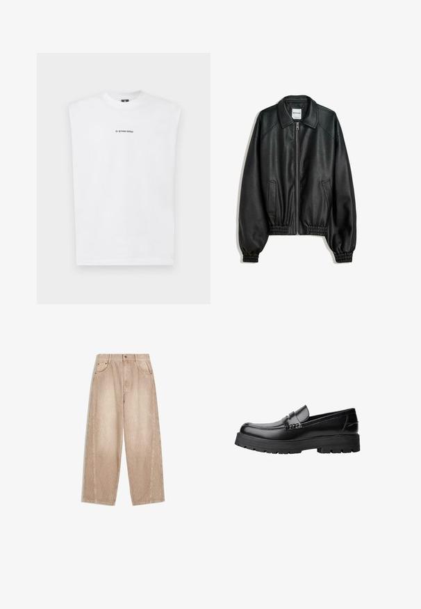Fekete bőrkabát cipzáros elülső résszel, oldalsó zsebekkel és ráncolt mandzsettákkal. Struktúrált gallérral és texturált felülettel rendelkezik.; Fehér ujjatlan pamut póló, kerek nyakkivágással és fekete "G-STAR RAW" logóval az elülső részen. Sima felület.; Bézs kordbársony bő szárú nadrág, vertikális bordázattal, elülső zsebekkel, övbújtatókkal és cipzáras, gombos záródással.; Fekete bőr loaferek vastag, bordázott talppal és díszcsíkkal az upper rész felett, bal oldali profilmódban, fehér háttér előtt.