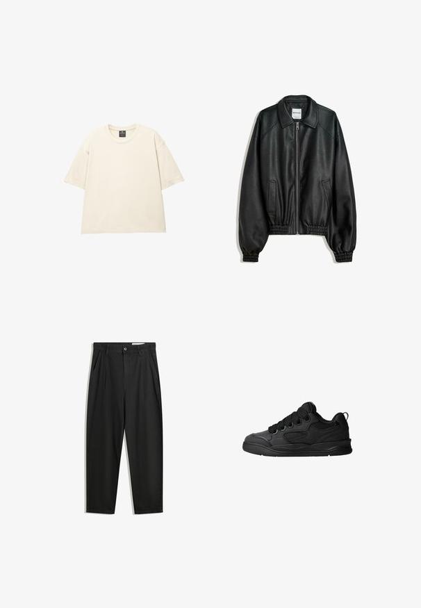 Sort læderjakke med lynlås foran, sidelommer og sammenkrøllede manchetter. Har en struktureret krave og en tekstureret overflade.; Overdimensioneret beige T-shirt lavet af blød bomuld, med rund hals, korte ærmer og ren, enkel syning. Ingen mønstre eller grafik.; Sorte bomuldsbukser med en afslappet pasform, der har en klassisk talje, frontfolder og sidelommer. Glat tekstur uden mønstre.; Sorte sneakers med en struktureret overdel, som har snørebånd, meshdetaljer for åndbarhed, polstret krave og en robust ydersål.