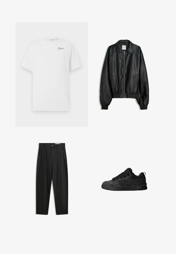 Jachetă din piele neagră, cu fermoar frontal, buzunare laterale și mansete strânse. Dispune de un guler structurat și un finisaj texturat.; Tricou alb din bumbac, cu mâneci scurte, guler rotund, având un logo negru "Pompeii" pe partea stângă a pieptului. Textură moale și netedă.; Pantaloni negri din bumbac cu croială lejeră, având un brâu clasic, plii frontale și buzunare laterale. Textură netedă fără modele.; Adidași negri cu un lateral texturat, având șireturi, accente din plasă pentru respirabilitate, guler căptușit și o talpă rezistentă.