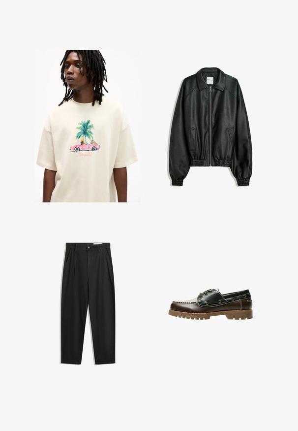 Černá kožená bunda se zipem vpředu, bočními kapsami a nařasenými manžetami. Má strukturovaný límec a texturovaný povrch.; Béžové oversized tričko s barevným grafikou znázorňující růžový kabriolet, palmy a slovo "Miami". Měkký textil s krátkými rukávy.; Černé bavlněné kalhoty s uvolněným střihem, klasickým pasem, předními záhyby a bočními kapsami. Hladká textura bez vzorů.; Hnědá a černá kožená loďková obuv se šněrováním, kontrastním prošíváním a texturovanou gumovou podrážkou. Má kovové očky a zaoblenou špičku.