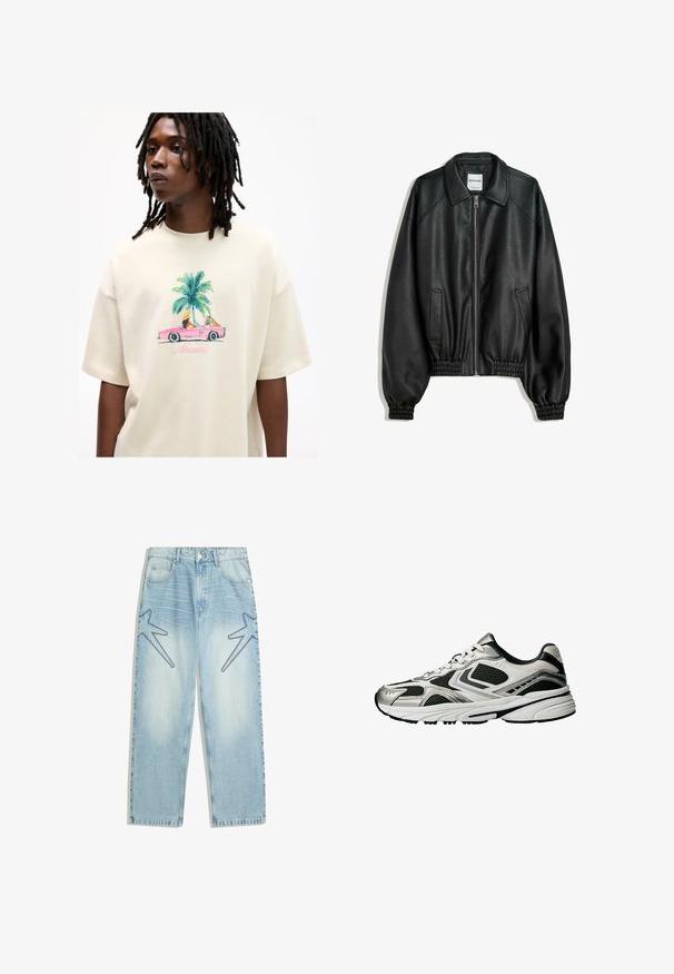 Černá kožená bunda se zipem vpředu, bočními kapsami a nařasenými manžetami. Má strukturovaný límec a texturovaný povrch.; Béžové oversized tričko s barevným grafikou znázorňující růžový kabriolet, palmy a slovo "Miami". Měkký textil s krátkými rukávy.; Světle modré džíny s rovnou siluetou, na přední straně s velkými hvězdnými vzory v tmavší modré barvě a tradičním pětipocket stylem.; Sportovní boty s vrchní částí z prodyšné síťoviny a syntetického materiálu v černé a stříbrné barvě, s kulatou špičkou, polstrovanou podrážkou a texturovanými akcenty.