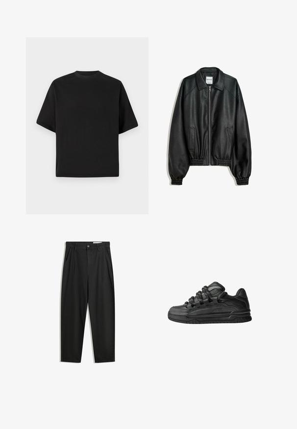 Black leather jacket with a zip front, side pockets, and gathered cuffs. Features a structured collar and textured finish.; Black short-sleeve T-shirt in a loose fit, made of smooth cotton, featuring a round neckline and minimalistic design.; Black cotton trousers with a relaxed fit, featuring a classic waistband, front pleats, and side pockets. Smooth texture without patterns.; Black sneakers with a smooth leather upper, textured accents, and round black and white laces. Thick rubber sole with a patterned tread.