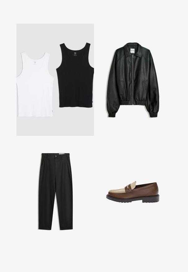 Zwarte leren jas met rits aan de voorkant, zijzakken en verzamelde manchetten. Heeft een gestructureerde kraag en een gestructureerde afwerking.; Twee katoenen tanktops, één wit en één zwart, elk met een geribde textuur, ronde hals en een klein rood logo op de zoom.; Zwarte katoenen broeken met een losse pasvorm, voorzien van een klassieke tailleband, voorplooien en zijzakken. Gladde structuur zonder patronen.; Bruine leren instapper met een beige leren accent en gestikte details. Beschikt over een lage, gestructureerde zwarte zool en een klassiek ontwerp.