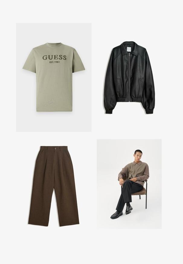 Mustat nahkatakki, jossa on vetoketjukiinnitys edessä, sivutaskut ja gathered-hihansuut. Ominaisuuksiin kuuluu kankainen kaulus ja teksturoitu pinta.; Oliivinvihreä puuvillapaita, jossa on pyöreä kaula-aukko ja lyhyet hihat, ja jossa on tummanvihreällä kirjailtuna "GUESS EST. 1981" rinnan kohdalla.; Ruske pleated hlače s širokim nogavicami, ki imajo gumbasto zapiranje in stranske žepke, narejene iz teksturiranega materiala, primernega za sproščeno nošenje.; Miesten vetoketjullinen takki maanläheisissä sävyissä, joka on valmistettu teksturoidusta kankaasta ja jossa on suuret taskut. Slim-fit mustat housut ja kiillotetut mustat loaferit.