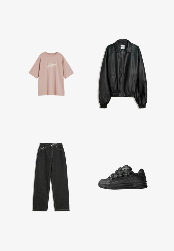 Czarna skórzana kurtka z zamkiem z przodu, kieszeniami po bokach i marszczonymi mankietami. Posiada usztywniony kołnierz i teksturowane wykończenie.; Pudrowo-różowy, oversize t-shirt wykonany z miękkiej bawełny, z delikatnym wzorem graficznym z przodu. Krótkie rękawy i okrągły dekolt.; Czarne jeansy o prostym kroju z białym przeszyciem, pięć kieszeni, zapięcie na guzik i zamek, oraz małe logo na prawej przedniej kieszeni.; Czarne sneakersy z gładką skórzaną cholewką, teksturowanymi akcentami i okrągłymi czarno-białymi sznurowadłami. Gruba gumowa podeszwa z wzorzystym bieżnikiem.