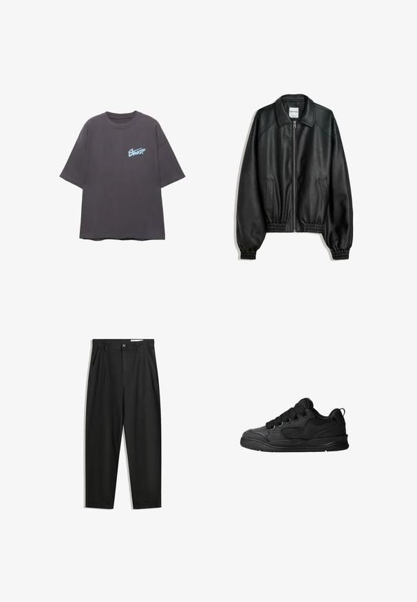 Črna usnjena jakna z zadrgo na sprednjem delu, stranskimi žepi in nabranimi manšeti. Ima strukturiran ovratnik in teksturiran zaključek.; Prevelik sivi majica iz bombaža, z modrim grafičnim logotipom na levem prsnem delu, okroglim ovratnikom in kratkimi rokavi.; Črne bombažne hlače s sproščenim krojem, ki vključujejo klasičen pas, sprednje gube in stranske žepke. Gladka tekstura brez vzorcev.; Črne superge z teksturiranim zgornjim delom, opremljene z vezalkami, mrežastimi dodatki za zračnost, oblazinjenim ovratnikom in trdnim podplatom.