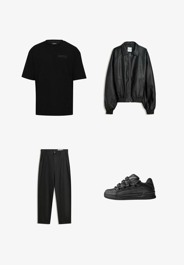Zwarte leren jas met rits aan de voorkant, zijzakken en verzamelde manchetten. Heeft een gestructureerde kraag en een gestructureerde afwerking.; Zwarte katoenen T-shirt met korte mouwen, ronde hals en subtiele "DROPSIZE" logo op de linkerborst. Standaard pasvorm.; Zwarte katoenen broeken met een losse pasvorm, voorzien van een klassieke tailleband, voorplooien en zijzakken. Gladde structuur zonder patronen.; Zwarte sneakers met een glad leren bovenwerk, gearceerde accenten en ronde zwart-witte veters. Dikke rubberen zool met een geprofileerd loopvlak.