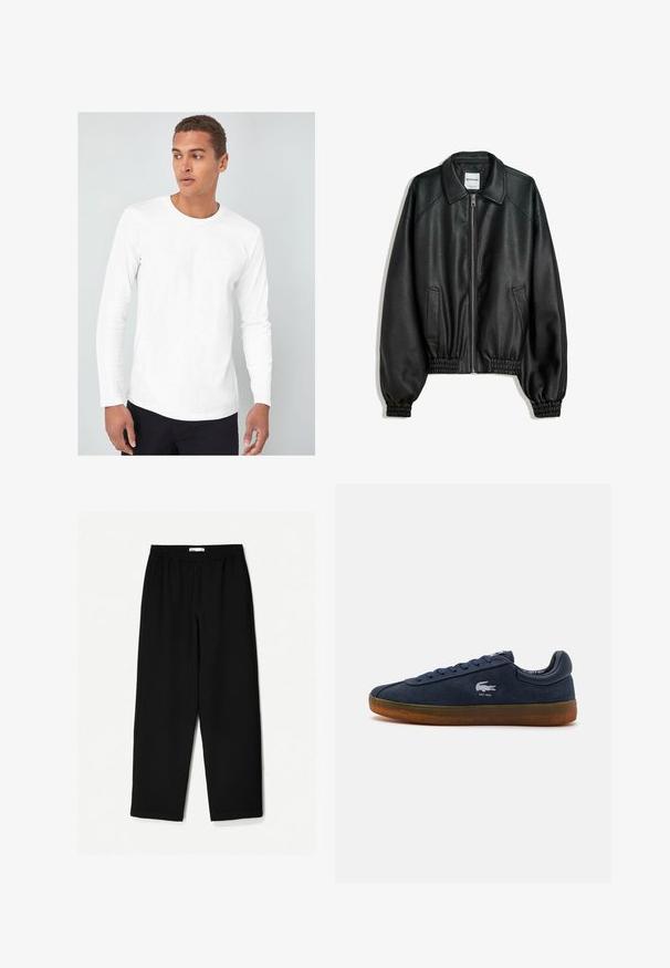 Jachetă din piele neagră, cu fermoar frontal, buzunare laterale și mansete strânse. Dispune de un guler structurat și un finisaj texturat.; Cămașă albă cu mânecă lungă și decolteu rotund, confecționată dintr-un material de bumbac neted, purtată de un model pe un fundal deschis.; Pantaloni negri, largi, confecționați dintr-un material ușor. Au o talie elastică și o textură netedă. Fără modele vizibile sau accesorii metalice.; Adidași din suede albastru cu vârful rotund, talpă din cauciuc și închidere cu șireturi. Prezintă un mic logo alb pe lateral și o talpă din cauciuc texturată.