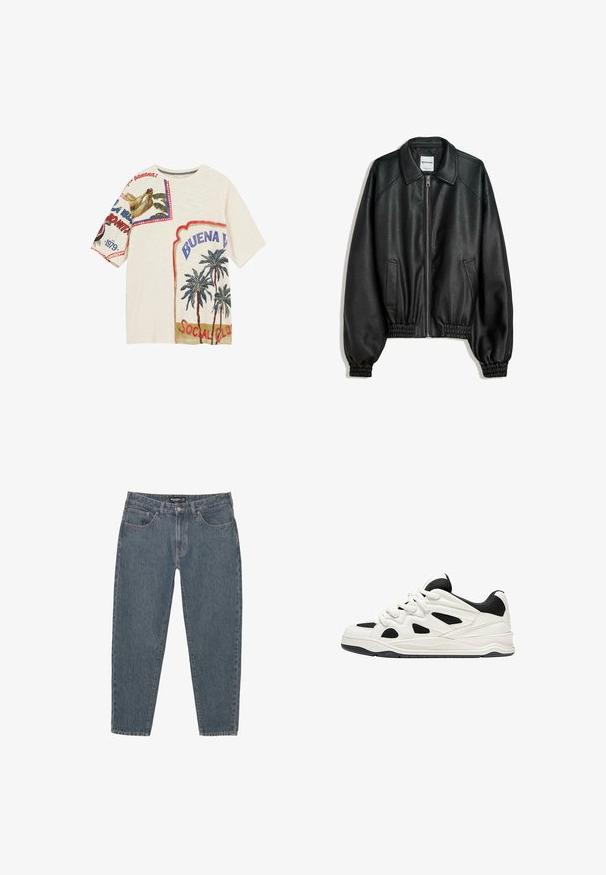 Čierna kožená bunda so zipsom vpredu, bočnými vreckami a zhabanými manžetami. Obsahuje štruktúrovaný golier a textúrovaný povrch.; Biela tričko s krátkym rukávom s miešanými látkovými vzormi zobrazenými palmy, banán a text "BUENA VISTA SOCIAL CLUB" v rôznych farbách.; Tmavomodré denimové nohavice s uvoľneným strihom, päť vreciek, zapínanie na gombík a mierne roztrhnutý lem. Odolný materiál s jemnou textúrou.; Biele a čierne športové topánky s textúrovanou podrážkou, s vyrezávanými dizajnmi na stranách a šnúrkami, a s polstrovaným zadným dielom pre podporu.