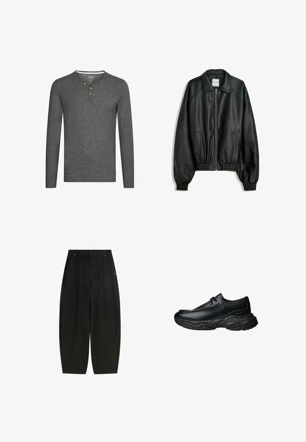 Black leather jacket with a zip front, side pockets, and gathered cuffs. Features a structured collar and textured finish.; Gray long-sleeve shirt with a henley neckline, three wooden buttons, and a small logo tag at the bottom left. Soft, textured fabric.; Black wide-leg trousers with front pockets, pleated design, and a clean finish. Made from textured fabric with a button closure.; Black leather slip-on shoes with a rounded toe and thick textured rubber sole. Features subtle stitching and elastic accents at the collar.