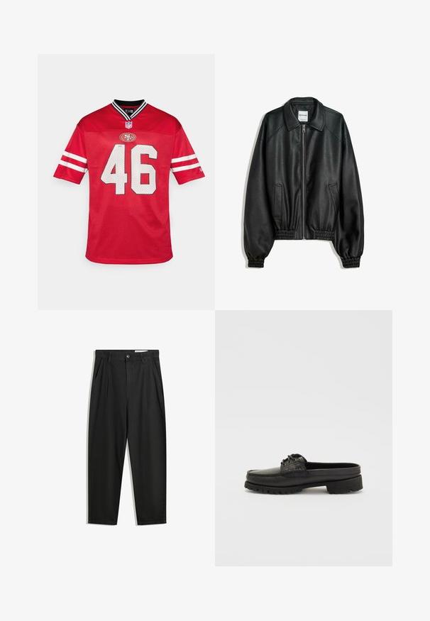 Mustat nahkatakki, jossa on vetoketjukiinnitys edessä, sivutaskut ja gathered-hihansuut. Ominaisuuksiin kuuluu kankainen kaulus ja teksturoitu pinta.; Punainen NFL-paita, jossa on verkkokangas, lyhyet hihat valkoisilla raidoilla, musta-valkoinen kaulus ja numero 46 suurilla valkoisilla merkeillä.; Mustat puuvillahousut rentoa mallia, joissa on klassinen vyötärö, etukangastukset ja sivutaskut. Sileä pinta ilman kuvioita.; Musta nahkainen slip-on-kenkä, jossa on nauhakiinnitys, pyöristetty kärki ja teksturoitu pohja. Sisältää hieman kohotetun kannan ja sileän pinnan.