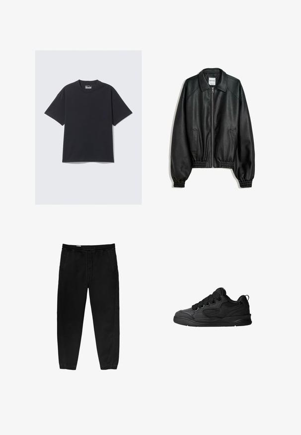 Schwarze Lederjacke mit Reißverschluss vorne, seitlichen Taschen und gerafften Bündchen. Sie verfügt über einen strukturierten Kragen und eine strukturierte Oberfläche.; Schwarzes Baumwoll-T-Shirt mit klassischem Rundhalsausschnitt, kurzen Ärmeln und lockerer Passform. Glatte Textur mit minimalen Nähten.; Schwarze Hose mit elastischem Bund und Kordelzug, tapered Beinen, Seitentaschen und subtilen seitlichen Stickdetails. Weicher Baumwollstoff.; Schwarze Sneaker mit strukturiertem Obermaterial, ausgestattet mit Schnürsenkeln, Mesh-Akzenten für Atmungsaktivität, gepolstertem Kragen und einer stabilen Laufsohle.