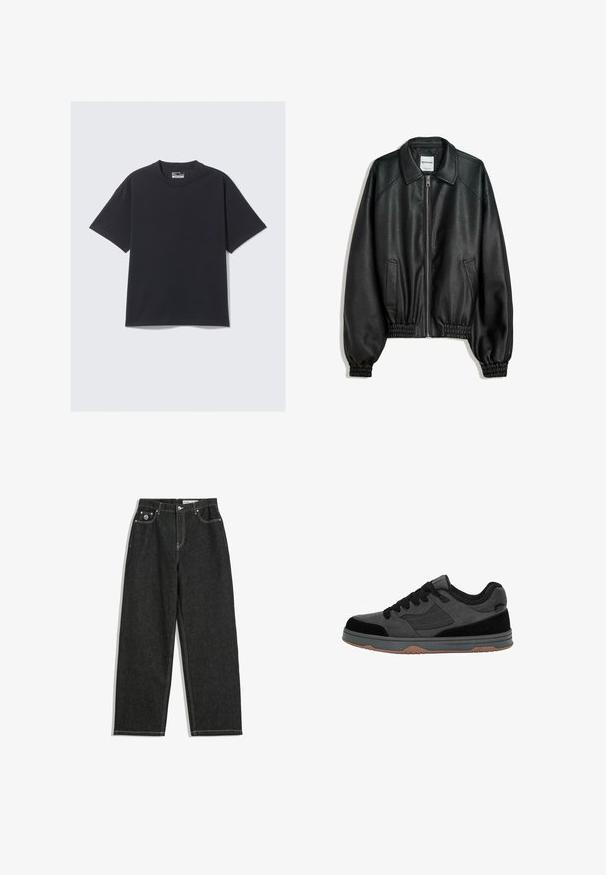Fekete bőrkabát cipzáros elülső résszel, oldalsó zsebekkel és ráncolt mandzsettákkal. Struktúrált gallérral és texturált felülettel rendelkezik.; Fekete pamut T-Shirt klasszikus kerek nyakkivágással, rövidujjakkal és laza szabással. Sima textúra minimális varrási részletekkel.; Fekete, egyenes szárú farmernadrág fehér varrással, öt zsebes kialakítással, gombbal és cipzárral záródik, valamint egy kis logó található a jobb elülső zseben.; Fekete és sötétszürke alacsony szárú sneaker fekete fűzőkkel, velúrból és hálós anyagból készült felsőrésszel, és gumi talppal, oldalról nézve.