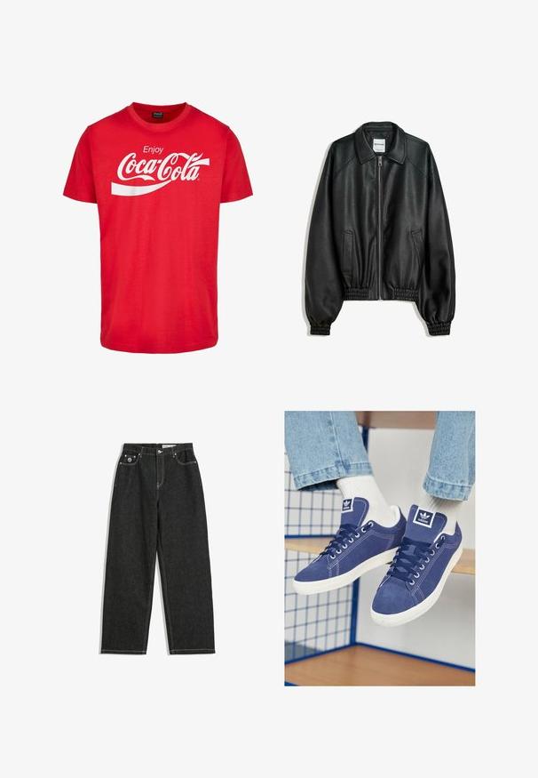 Fekete bőrkabát cipzáros elülső résszel, oldalsó zsebekkel és ráncolt mandzsettákkal. Struktúrált gallérral és texturált felülettel rendelkezik.; Piros pamut póló rövid ujjakkal, fehér "Coca-Cola" logóval és hullámos mintázattal a mellen. Klasszikus kerek nyakú fazon.; Fekete, egyenes szárú farmernadrág fehér varrással, öt zsebes kialakítással, gombbal és cipzárral záródik, valamint egy kis logó található a jobb elülső zseben.; Sötétkék Adidas sportcipő, ami hasított bőrből készült, fehér gumi talppal, kerek orral és logóval ellátott nyelvvel. Élénk fehér zokni látható.