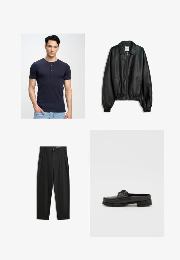 Fekete bőrkabát cipzáros elülső résszel, oldalsó zsebekkel és ráncolt mandzsettákkal. Struktúrált gallérral és texturált felülettel rendelkezik.; Tengerészkék, rövid ujjú póló kerek nyakkal és öt gombos gombolással; testhezálló fazon; puha, sima textúra; világoskék farmerrel viselve.; Fekete pamut nadrág laza szabással, klasszikus derékrésszel, elülső hajtásokkal és oldalsó zsebekkel. Simább textúra minta nélkül.; Fekete bőr slip-on cipő, csipkézett részletekkel, kerek orral és textúrált talppal. Jellemzi egy enyhén megemelt sarkú és sima felület.