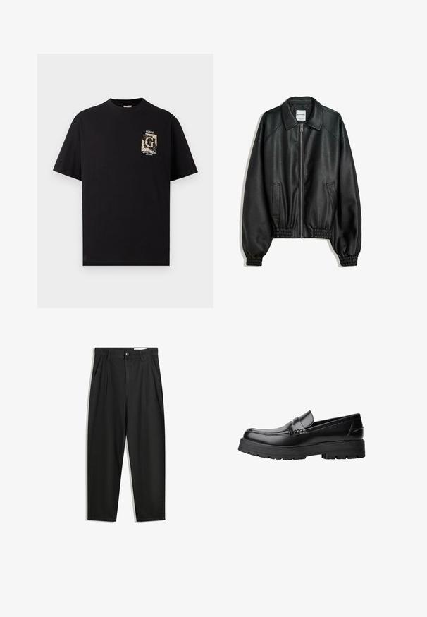Crna kožna jakna s patentnim zatvaračem sprijeda, bočnim dzepovima i naboranim manžetama. Ima strukturiranu ovratnik i teksturiranu površinu.; Crna pamučna majica s malim grafičkim dizajnom na lijevoj strani prsa, s "GUESS" natpisom i godinom osnivanja u kontrastnoj boji.; Crne pamučne hlače s opuštenim krojem, s klasičnim pojasom, prednjim nabranjima i bočnim džepovima. Glatka tekstura bez uzoraka.; Crna kožna mokasina s debelim potplatima i dekorativnom trakom preko gornjeg dijela, prikazana u lijevom bočnom profilu na bijeloj pozadini.