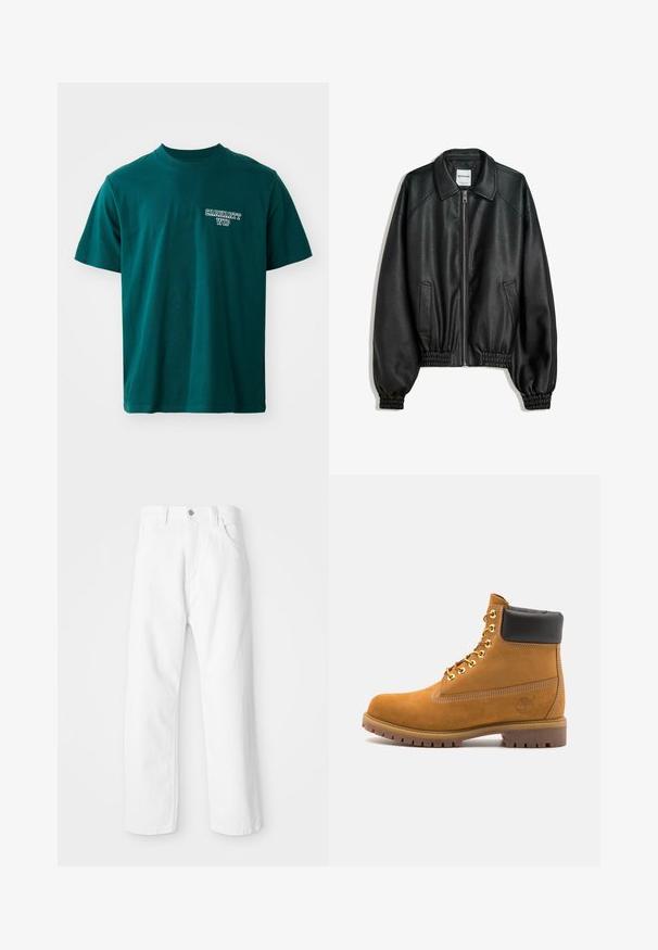 Svart läderjacka med dragkedja framtill, sidofickor och samlade ärmmuddar. Har en strukturerad krage och texturerad yta.; Teal bomulls t-shirt med kort ärm och rundad halsringning. Inkluderar vit "Carhartt WIP" logotyp på vänster bröst. Enkel design, rak skärning.; Vita denimbyxor med rak bendesign, som har en frontknapp och dragkedjeslutning, fem fickor och en ren, strukturerad finish.; Tan mockasins ankelstövlar med svart vadderad krage, guldmetallöglor, vit sömdekor och slitstöt gummisula med utmärkta mönster.