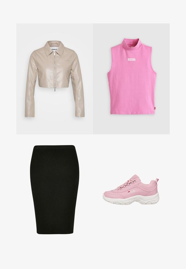 ONLY Petite ONLSARAMY JACKET - Jakna od umjetne kože - fungi; Roza bezrukavna majica s visokim ovratnikom, izrađena od mekog pamučnog materijala. Sadrži mali bijeli Levi's logo na prsima. Glatka tekstura i jednostavan dizajn.; Crna rebrasta olovka suknja s prilagođenim dizajnom. Ima visok struk i teksturiranu tkaninu koja pruža glatku siluetu.; Ružičaste tenisice s glatkim sintetičkim gornjim dijelom, bijelim gumeni potplat, vezanje na čipku i FILA logo sa strane. Imaju petni na kojem se može povući.