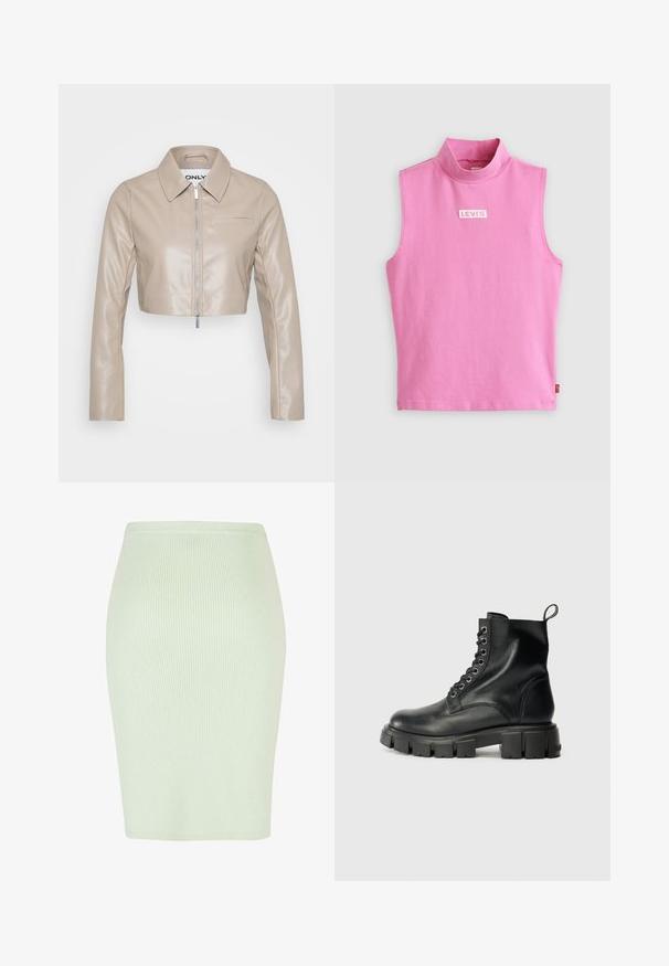 ONLY Petite ONLSARAMY JACKET - Kunstlederjacke - fungi; Rosanes ärmelloses Oberteil mit hohem Kragen, aus weichem Baumwollstoff gefertigt. Verfügt über ein kleines weißes Levi's-Logo auf der Brust. Glatte Textur und schlichtes Design.; Strick-Bleistiftrock in hellem Mintgrün mit vertikalem Ripp-Textur, tailliertem Schnitt und glattem Bund. Ideal für lässige oder formelle Anlässe.; Schwarze Leder-Stiefeletten mit abgerundetem Zeh, Schnürung mit sechs Metallösen und einer stabilen, strukturierten Gummisohle.