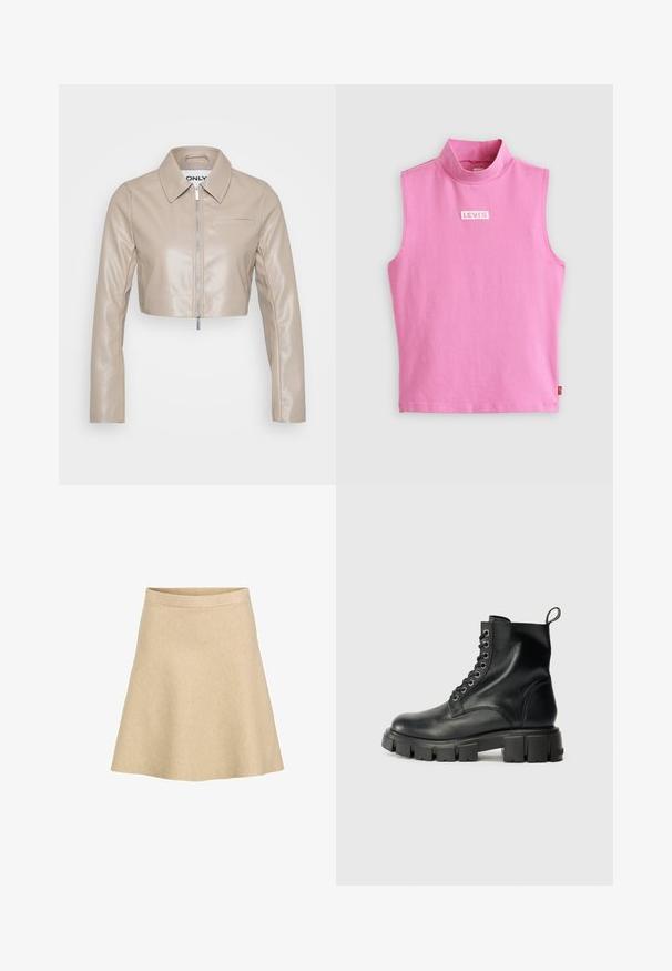 ONLY Petite ONLSARAMY JACKET - Veste en similicuir - fungi; Haut sans manches rose à col montant, fabriqué en tissu coton doux. Présente un petit logo Levi's blanc sur la poitrine. Texture lisse et design simple.; Une jupe évasée beige en tissu texturé avec une taille haute et un ourlet lisse, conçue pour une silhouette simple et épurée.; Bottines en cuir noir avec un bout arrondi, un laçage à l'avant avec six œillets en métal, et une semelle en caoutchouc texturé et épaisse.