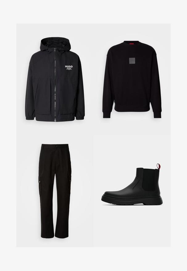 Casaco preto com capuz, apresentando um zíper frontal completo, punhos elásticos e dois bolsos frontais. Logótipo impresso no lado esquerdo do peito. Textura suave.; Sweatshirt preto com mangas longas, gola redonda, um logótipo cinza em forma de quadrado na frente, textura suave e punhos e barra canelados.; Calças cargo pretas em algodão com um corte relaxado, apresentando bolsos laterais, fecho com botão e perna reta. Design simples sem padrões.; Botim preto até ao tornozelo com um acabamento liso, painéis laterais elásticos e uma pega vermelha em contraste, com uma sola de borracha espessa e bico arredondado.