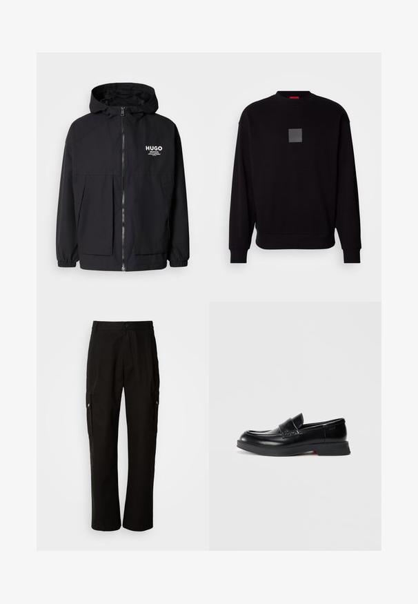 Svart hettegenser med full frontglidelås, elastiske mansjetter og doble frontlommer. Trykt logo på venstre bryst. Glatt tekstur.; Svart genser med lange ermer, rund halslinning, et grått firkantet logo på forsiden, myk tekstur og ribbet mansjetter og kant.; Svart cargobukse laget av bomull med avslappet passform, med sidelommer, knappeåpning og rette ben. Enkelt design uten mønstre.; Svarte skinn loafers med en glatt finish, med et hevet frontpanel og en kontrastfylt rød detalj på sålen. Flat gummisåle.