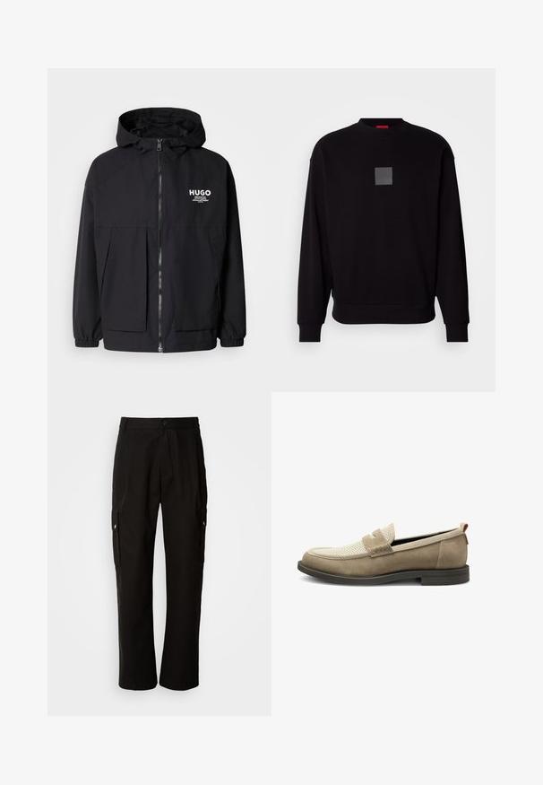 Black hooded jacket featuring a full front zip, elastic cuffs, and dual front pockets. Printed logo on the left chest. Smooth texture.; Black sweatshirt with long sleeves, round neckline, a front gray square logo, soft texture, and ribbed cuffs and hem.; Black cargo pants made of cotton with a relaxed fit, featuring side pockets, a button closure, and straight legs. Simple design without patterns.; Light brown suede loafers with a mesh section on the upper, rectangular vamp detail, and a textured rubber sole. Features a red accent.