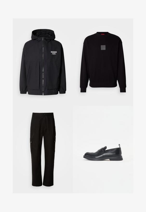 Fekete kapucnis dzseki, teljes elülső cipzárral, elasztikus mandzsettákkal és két elülső zsebbel. Nyomtatott logó a bal mellen. Simább textúra.; Fekete pulóver hosszú ujjal, kerek nyakkivágással, elülső szürke négyzet logóval, puha tapintással, valamint bordázott mandzsettákkal és szegéllyel.; Fekete vászont nadrág laza szabással, oldalsó zsebekkel, gombos záródással és egyenes lábakkal. Egyszerű minta nélküli design.; Fekete bőrcipők lekerekített orral, elülső pánt részlettel és alacsony gumitalppal. Finom varrásokkal és hátul húzófüllel rendelkezik.