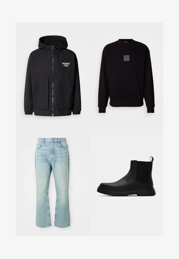 Svart hettegenser med full frontglidelås, elastiske mansjetter og doble frontlommer. Trykt logo på venstre bryst. Glatt tekstur.; Svart genser med lange ermer, rund halslinning, et grått firkantet logo på forsiden, myk tekstur og ribbet mansjetter og kant.; Lyseblå denimbukser med utsvingte ben og høy midje, med fem lommer, beltehemper og en falmet vaskestruktur.; Sorte ankelstøvler med en glat overflade, elastiske sidepaneler og en kontrastfyldt rød trækflik, med en tykk gummisål og rund tå.