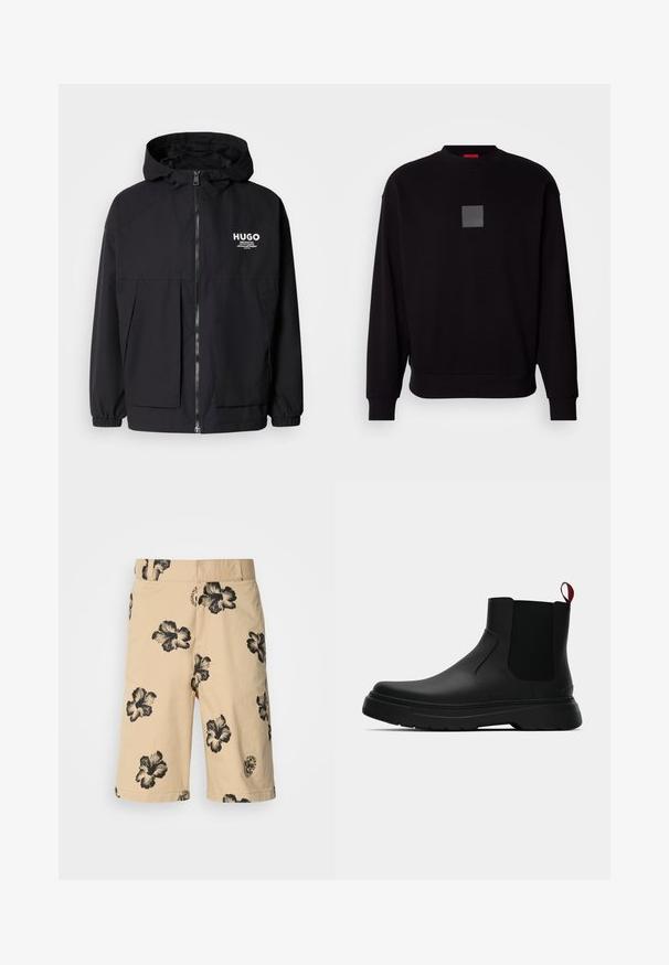 Zwarte hoodie-jack met een volledige rits aan de voorkant, elastische manchetten en twee voorzakken. Gedrukt logo op de linkerborst. Glad textuur.; Zwarte sweatshirt met lange mouwen, ronde halslijn, een grijzige vierkante logo op de voorkant, zachte textuur en geribde manchetten en zoom.; Beige shorts met zwart hibiscus bloemenpatroon. Voorzien van een elastische tailleband en een logodetail aan de onderkant. Gemaakt van lichtgewicht stof.; Zwarte enkelboot met een gladde afwerking, elastische zijpanelen en een contrasterende rode treklus, met een dikke rubberen zool en een afgeronde teen.