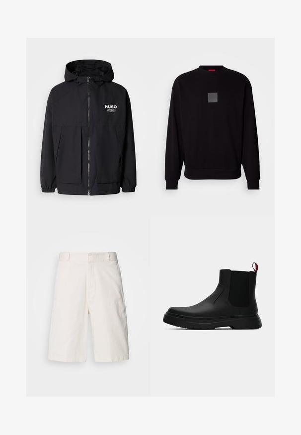 Črna kapuca jakna z full front zadrgo, elastičnimi manšetami in dvema sprednjima žepoma. Natisnjena logo na levi prsni strani. Gladka tekstura.; Črn pulover z dolgimi rokavi, okroglo izrezan, spredaj z sivim kvadratnim logotipom, mehkega materiala in rebrastimi manšetami ter robom.; Beli bombažne kratke hlače sproščenega kroja, opremljene z dvema sprednjima žepoma, z zadrgo in gladko teksturo. Čista, preprosta zasnova brez vzorcev.; Črne gležnjarje z gladkim zaključkom, elastičnimi stranskimi paneli in kontrastnim rdečim izvlečnim trakom, ki vključujejo debel gumijast podplat in zaobljen nos.