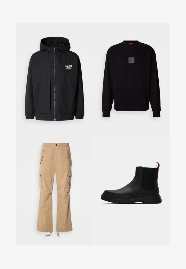Schwarze Kapuzenjacke mit einem durchgehenden Reißverschluss an der Vorderseite, elastischen Bündchen und zwei vorderen Taschen. Bedrucktes Logo auf der linken Brust. Glatte Textur.; Schwarze Sweatshirt mit langen Ärmeln, rundem Ausschnitt, grauem quadratischen Logo auf der Vorderseite, weicher Textur und gerippten Bündchen und Saum.; Beige Cargo-Hosen mit elastischem Bund, zwei großen Seitentaschen und verstellbaren Kordeln am Saum. Glatte Stofftextur.; Schwarze Knöchelstiefel mit glatter Oberfläche, elastischen Seitenpaneelen und einem kontrastierenden roten Zuglasche, ausgestattet mit einer dicken Gummisohle und einer runden Zehenpartie.