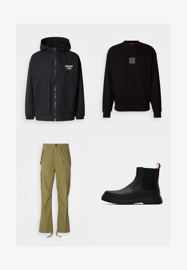 Chaqueta negra con capucha que presenta un cierre frontal completo, puños elásticos y dos bolsillos frontales. Logo impreso en el lado izquierdo del pecho. Textura suave.; Sudadera negra de mangas largas, con cuello redondo, un logo cuadrado gris en el frente, textura suave y puños y dobladillo acanalados.; Pantalones cargo de color verde oliva con cintura elástica, bolsillos laterales y cordones ajustables en los puños. Tejido ligero con una textura suave.; Botín negro con un acabado liso, paneles laterales elásticos y una lengüeta de tirón roja contrastante, que presenta una suela de goma gruesa y punta redondeada.