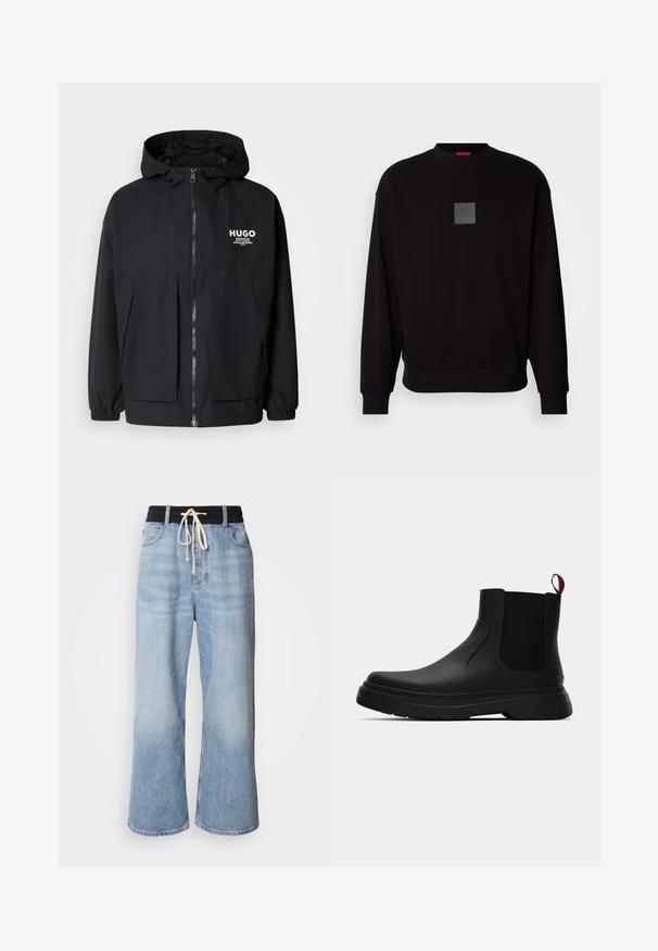 Černá kapucňová bunda s plným předním zipem, elastickými manžetami a dvojitými předními kapsami. Tištěné logo na levém prsu. Hladká textura.; Černá mikina s dlouhými rukávy, kulatým výstřihem, předním šedým čtvercovým logem, jemnou strukturou a žebrovanými manžetami a lemem.; Světle modré široké džíny s černým elastickým pasem, s šňůrkovým uzávěrem a klasickým designem s pěti kapsami.; Černé kotníkové boty s hladkým povrchem, elastickými bočními panely a kontrastním červeným poutkem, s tlustou gumovou podrážkou a zaoblenou špičkou.