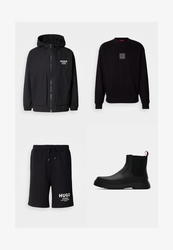 Svart hettegenser med full frontglidelås, elastiske mansjetter og doble frontlommer. Trykt logo på venstre bryst. Glatt tekstur.; Svart genser med lange ermer, rund halslinning, et grått firkantet logo på forsiden, myk tekstur og ribbet mansjetter og kant.; Sorte bomullsshorts med elastisk midje og snøring. Hvit "HUGO" logo på venstre ben. Enkelt design, kne-lengde.; Sorte ankelstøvler med en glat overflade, elastiske sidepaneler og en kontrastfyldt rød trækflik, med en tykk gummisål og rund tå.