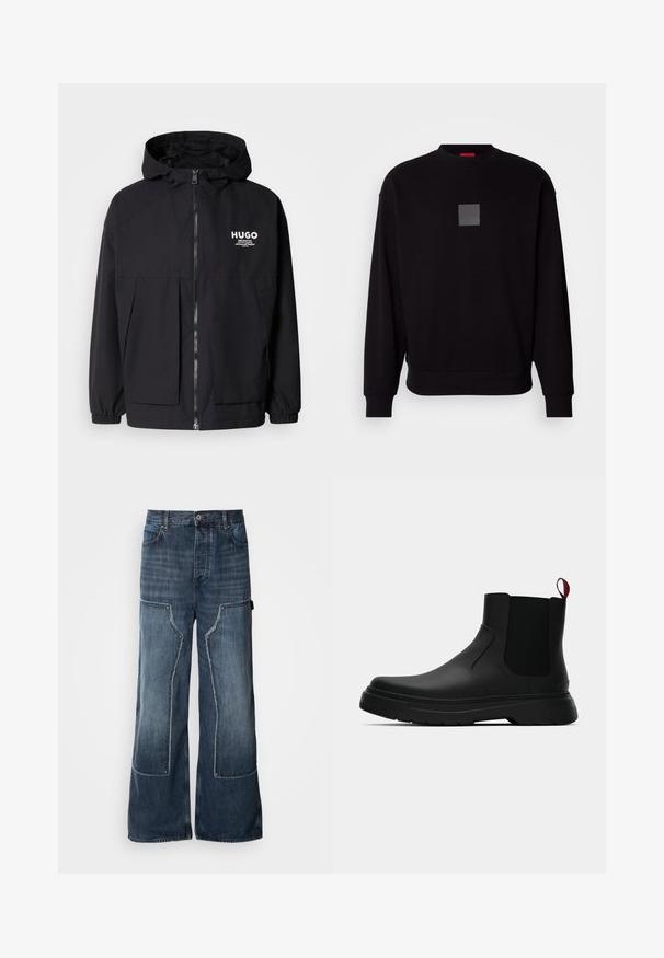 Μαύρο μπουφάν με κουκούλα που διαθέτει πλήρες μπροστινό φερμουάρ, ελαστικές μανσέτες και διπλές μπροστινές τσέπες. Εκτυπωμένο λογότυπο στο αριστερό στήθος. Απαλή υφή.; Μαύρη φούτερ μπλούζα με μακριά μανίκια, στρογγυλή λαιμόκοψη, εμπρός γκρι τετράγωνο λογότυπο, μαλακή υφή και ριμπ μανίκια και στρίφωμα.; Φαρδιά μπλε τζιν παντελόνια με φαρδιές γραμμές, χαρακτηριστικά ραψίματα, αντίθετη ραφή, μεγάλα πλαϊνά τσέπες και κλείσιμο με κουμπί.; Μαύρη αστράγαλη μποτάκι με λείο φινίρισμα, ελαστικές πλευρικές πάνελ και εναν αντίθετο κόκκινο χερούλι, με παχιά καουτσούκ σόλα και στρογγυλή μύτη.