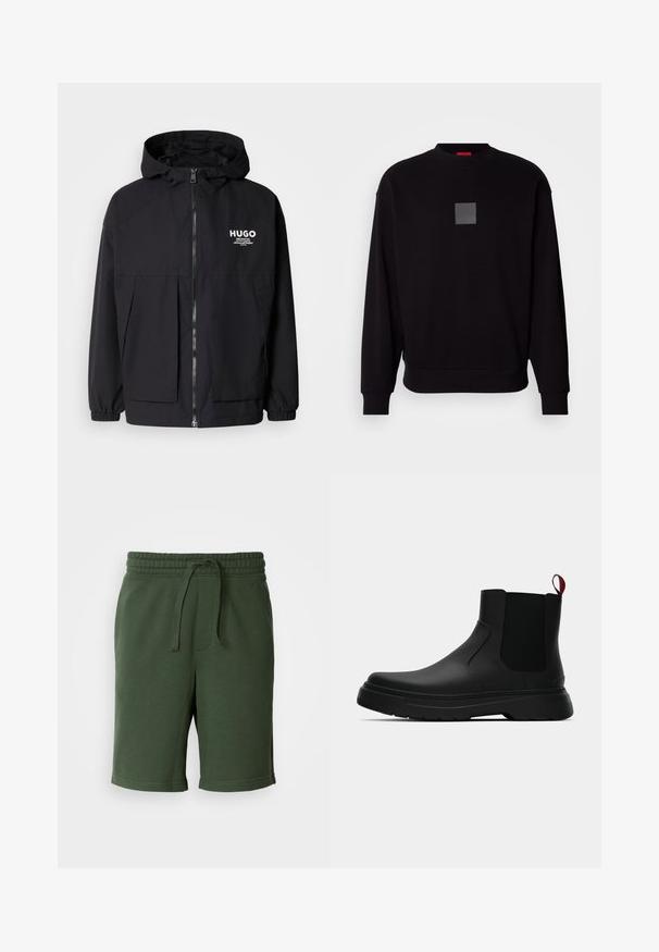 Jachetă neagră cu glugă, având un fermoar complet pe față, manșete elastice și două buzunare frontale. Logo imprimat pe partea stângă a pieptului. Textură netedă.; Hanorac negru cu mâneci lungi, decolteu rotund, logo pătrat gri pe față, textură moale și manșete și tiv ribbate.; Pantaloni scurți de culoare verde închis, cu un tiv elastic, detalii cu șnur, buzunare și un material moale din amestec de bumbac. Lungime până la mijlocul coapsei.; Botine negre până la gleznă, cu un finisaj neted, panouri laterale elastice și un tab de prindere roșu contrastant, având o talpă groasă din cauciuc și vârf rotunjit.
