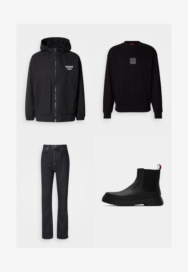 Black hooded jacket featuring a full front zip, elastic cuffs, and dual front pockets. Printed logo on the left chest. Smooth texture.; Black sweatshirt with long sleeves, round neckline, a front gray square logo, soft texture, and ribbed cuffs and hem.; High-waisted black denim jeans with a button and zip closure, front and back pockets, and a straight-leg fit.; Black ankle boot with a smooth finish, elastic side panels, and a contrasting red pull tab, featuring a thick rubber sole and rounded toe.