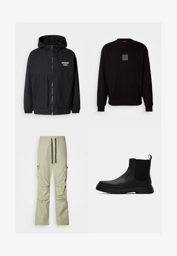 Melnā kapuce jaka ar pilnu priekšējo rāvējslēdzēju, elastīgām piedurknēm un divām priekšējām kabatām. Izdrukāts logo kreisajā krūtī. Gluda tekstūra.; Melns džemperis ar garām piedurknēm, apaļu kakla izgriezumu, priekšpusē pelēks kvadrāta logotips, mīksta tekstūra un ribotas piedurknes un apakšmala.; Gaiši zaļi kravas bikses ar brīvu piegriezumu, elastīgu jostu, melnu auklu, divām sānu kabatām un smalkiem izšuvumu detalizējumiem.; Melnas potītes ar gludu apdari, elastīgiem sānu paneļiem un kontrastējošu sarkano cilpu, aprīkotas ar biezu gumijas zoli un noapaļotu purngalu.