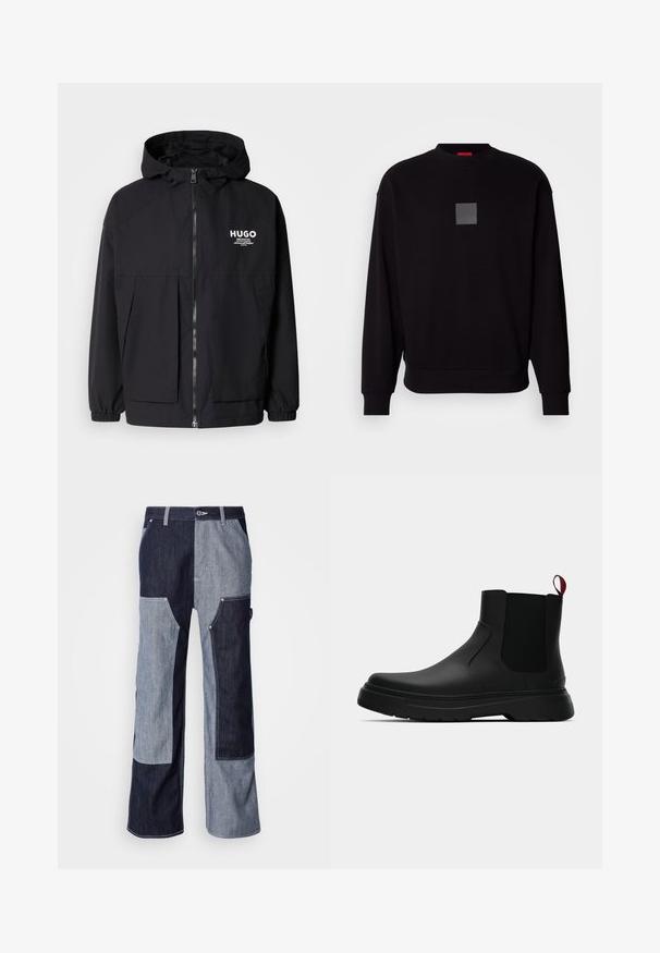 Schwarze Kapuzenjacke mit einem durchgehenden Reißverschluss an der Vorderseite, elastischen Bündchen und zwei vorderen Taschen. Bedrucktes Logo auf der linken Brust. Glatte Textur.; Schwarze Sweatshirt mit langen Ärmeln, rundem Ausschnitt, grauem quadratischen Logo auf der Vorderseite, weicher Textur und gerippten Bündchen und Saum.; Jeans mit einem Patchwork-Design in verschiedenen Nuancen von Dunkel- und Hellblau, mitKontrastnähten und breiten, geraden Beinen.; Schwarze Knöchelstiefel mit glatter Oberfläche, elastischen Seitenpaneelen und einem kontrastierenden roten Zuglasche, ausgestattet mit einer dicken Gummisohle und einer runden Zehenpartie.