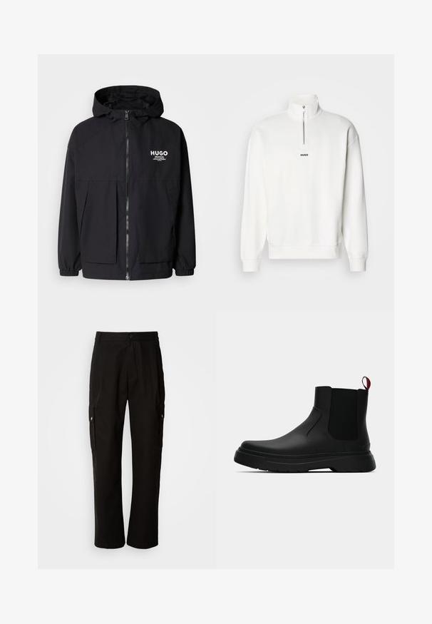 Must tumes jakk, millel on täispikktõmblukk, elastsed mansetid ja kaks esist pocketit. Prinditud logo vasakul rinnal. Sile tekstuur.; Valge pulloveri dressipluus, mis on varustatud kõrge kaelusega ja pooltaskukesega, millel on rindkerel keskel väike must "HUGO" logo. Pehme kangastekstuuri.; Mustad mustadeks rõivasteks mõeldud puuvillased püksid, millel on lõdva istuvuse disain, küljetaskud, nööbiga sulgemine ja sirged sääred. Lihtne disain ilma mustriteta.; Mustad musta värvi ankle boot, millel on sile viimistlus, elastsed külgpaneelid ja kontrastne punane tõmbetaba. Saapadel on paks kummist tald ja ümar varvas.