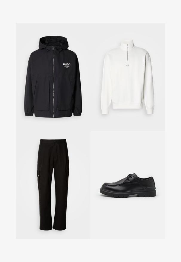 Černá kapucňová bunda s plným předním zipem, elastickými manžetami a dvojitými předními kapsami. Tištěné logo na levém prsu. Hladká textura.; Bílý svetr s vysokým límcem a krátkým zipem, který má malou černou nášivku "HUGO" uprostřed na hrudi. Měkká textilní struktura.; Černé cargo kalhoty vyrobené z bavlny s uvolněným střihem, vybavené bočními kapsami, zapínáním na knoflík a rovnými nohavicemi. Jednoduchý design bez vzorů.; Černá kožená bota s kulatou špičkou, silnou černou gumovou podrážkou, šněrovacím designem a podrobným prošitím podél svršku.