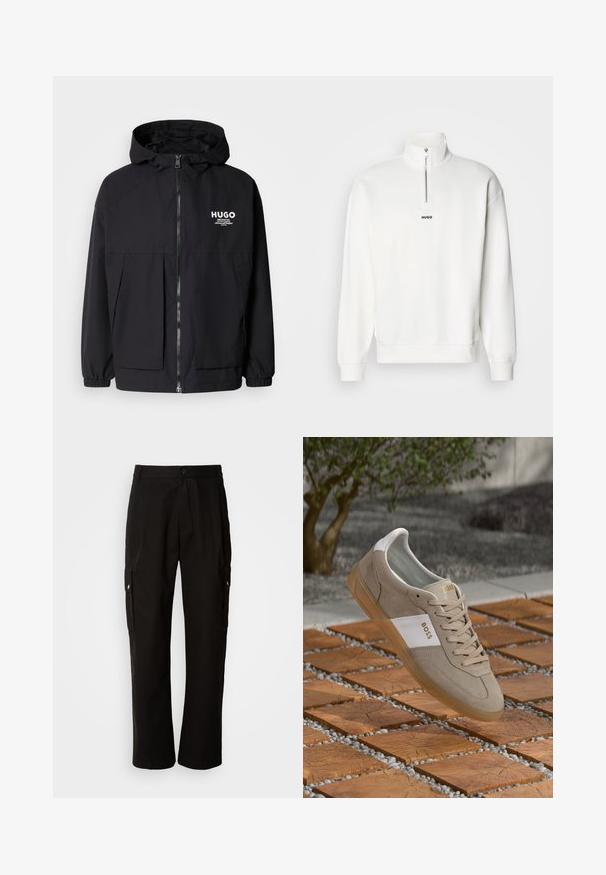 Mustat hupparitakki, jossa on täysipituinen vetoketju, joustavat hihansuut ja kaksinkertaiset etupussit. Vasemmassa rinnassa painettu logo. Sileä tekstuuri.; Valkoinen puuvillapusero, jossa on korkea kaulus ja puolivetoketju, ja jonka rinnassa on pieni musta "HUGO"-logo. Pehmeä kangas.; Mustat cargo-housut puuvillasta, joissa on rento istuvuus, sivutaskut, nappikiinnitys ja suorat lahkeet. Yksinkertainen muotoilu ilman kuvioita.; Beige nupukki lenkkarit valkoisilla yksityiskohdilla, vaaleanruskealla kumipohjalla, pyöreällä varpaalla ja tasaisilla nauhoilla. Sisältää kultaisia brändäysmerkintöjä kielessä ja sivussa.