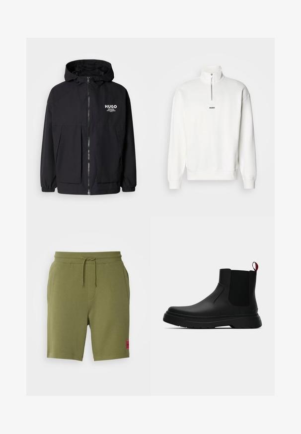Zwarte hoodie-jack met een volledige rits aan de voorkant, elastische manchetten en twee voorzakken. Gedrukt logo op de linkerborst. Glad textuur.; Witte pullover sweatshirt met een hoge kraag en een halve rits, uitgerust met een klein zwart "HUGO" logo gecentreerd op de borst. Zachte stoftextuur.; HUGO DIZ - Trainingsbroek - open green; Zwarte enkelboot met een gladde afwerking, elastische zijpanelen en een contrasterende rode treklus, met een dikke rubberen zool en een afgeronde teen.