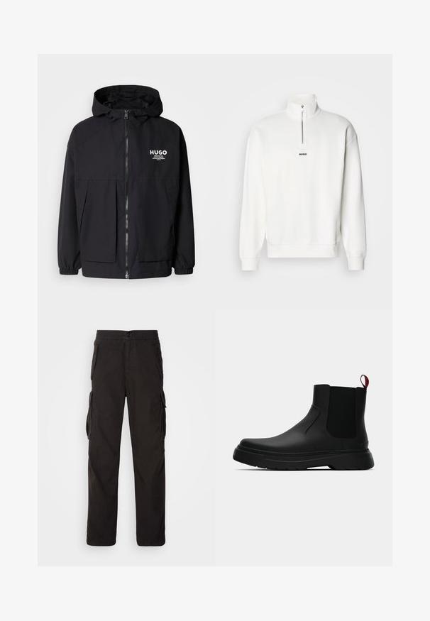 Zwarte hoodie-jack met een volledige rits aan de voorkant, elastische manchetten en twee voorzakken. Gedrukt logo op de linkerborst. Glad textuur.; Witte pullover sweatshirt met een hoge kraag en een halve rits, uitgerust met een klein zwart "HUGO" logo gecentreerd op de borst. Zachte stoftextuur.; Zwarte cargobroek met een rechte snit, elastische tailleband, meerdere zijzakken en een textiele stof voor duurzaamheid.; Zwarte enkelboot met een gladde afwerking, elastische zijpanelen en een contrasterende rode treklus, met een dikke rubberen zool en een afgeronde teen.